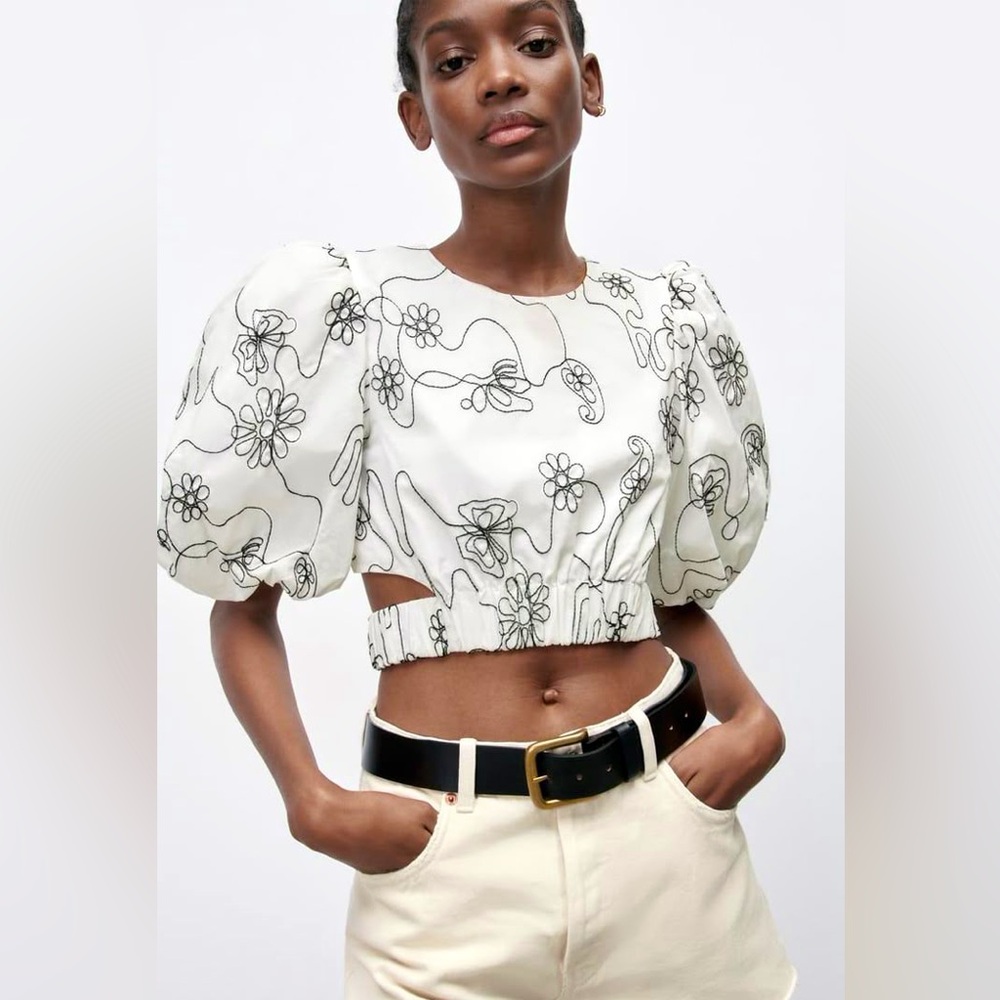 Zara Floral Puff Sleeve Poplin Crop Top -